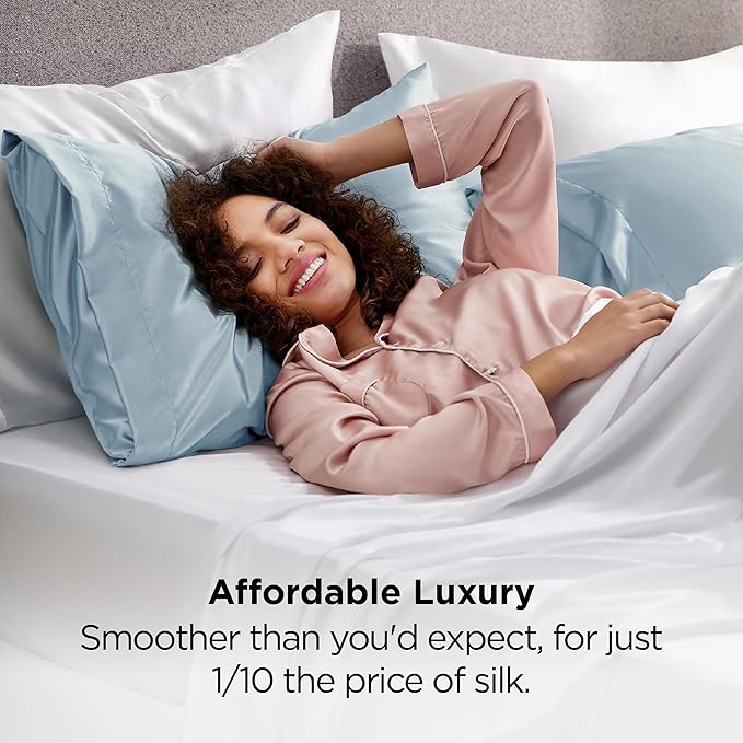 Bedsure Satin Pillowcases, Similar to Silk Pillow Cases Queen Size Set of 2, Stone Blue Pillow Case for Sleeping Women with Envelope Closure, Gifts for Women Men, 20x30 Inches, 2pcs
