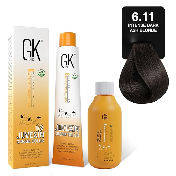 GK HAIR Global Keratin Intense Ash 6.11 Dark Ash Blonde Hair Color Cream Tube (3.4 Fl Oz/100ml) + 20 Volume Developer (5 Fl Oz/150ml) - Professional Permanent Long Lasting Toner Dye