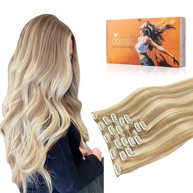 DOORES Clip-in Hair Extensions - Real Human Hair, Balayage Dark Blonde with Highlights, 24 Inch, 7 Pieces, 120g, Remy, Silky Straight, Thick