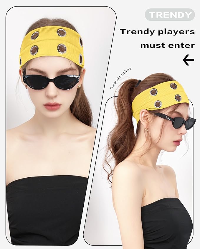Grommet Headband for Women, Yellow 23cm Hollow Out Elastic Hair Band, Eyelets Punk Grunge Stylish Hairband
