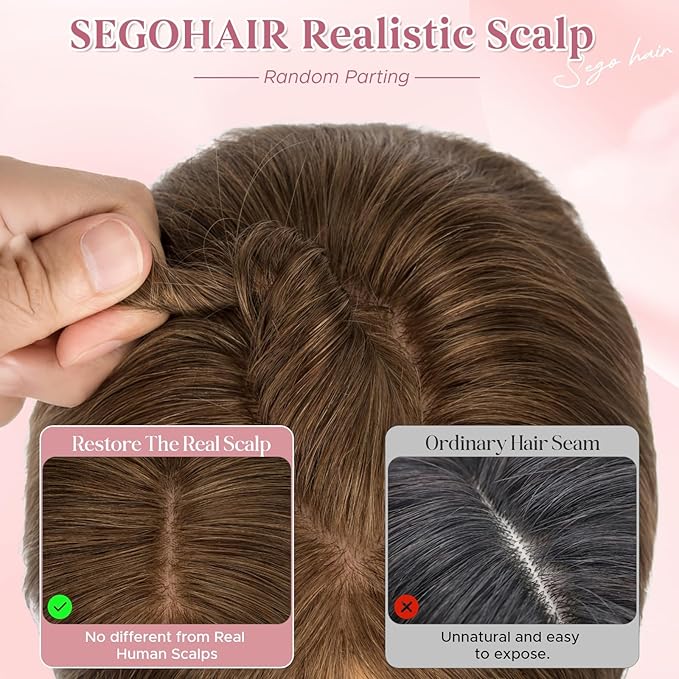 Real Human Hair Toppers for Women 3.54"*4.72" Silky Base 150% Density With Bangs Adjustable Parting Clip-In Topper Hairpieces for Women with Thinning Hair 10 Inches Medium Brown