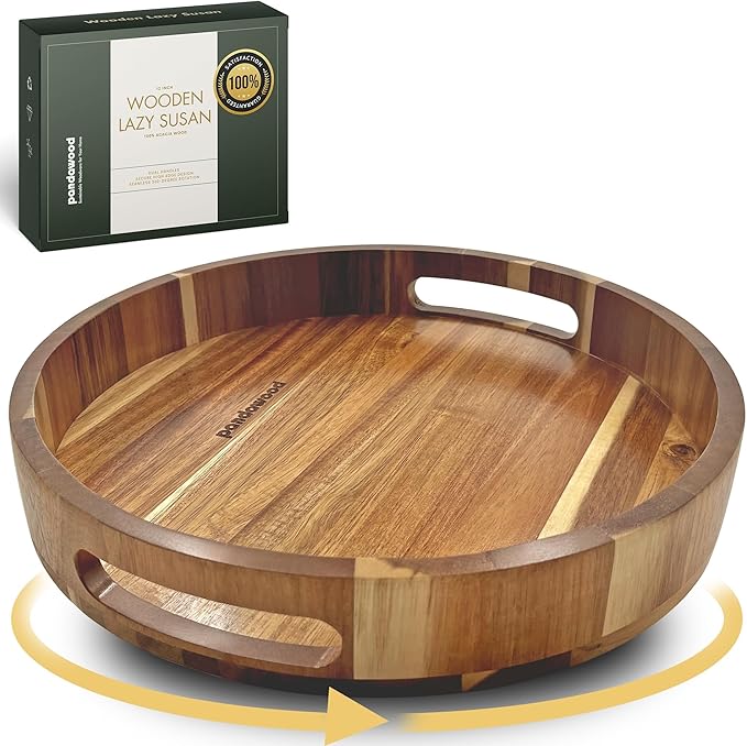 Lazy Susan for Table top 12 inch Wooden Large Lazy Susan Turntable Tray Organizer for Cabinet, Dining Table Centerpiece, Pantry, Kitchen Spice Cabinet Countertop Organizer, 100% Acacia Wood