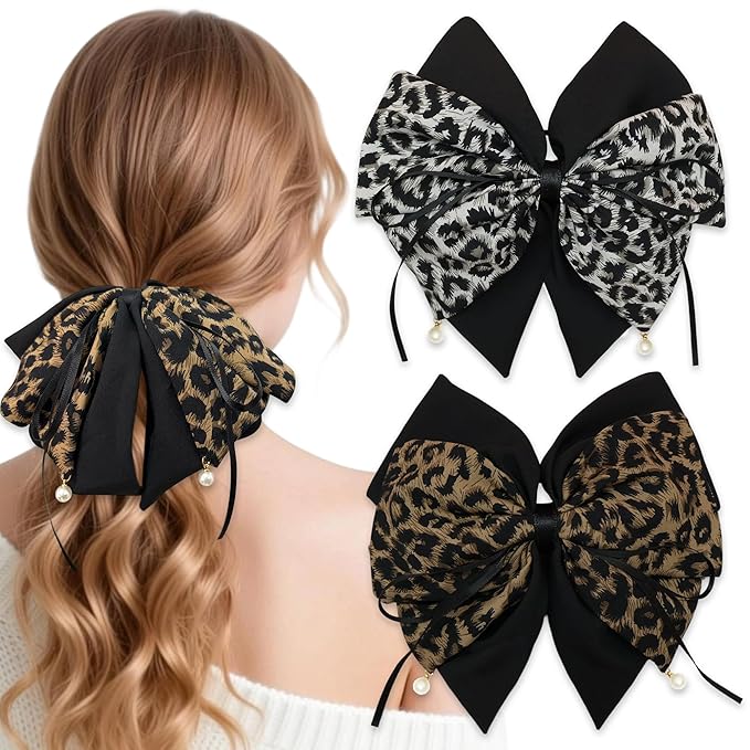 2PCS Leopard Pearl Print Bow Hair Ponytail Claw clip, Non-Slip Hair Grips for Women, Ribbon Bowknot Hair Clips French Style with Long Tail for Women Girls Ponytail Hair Decorations Accessories