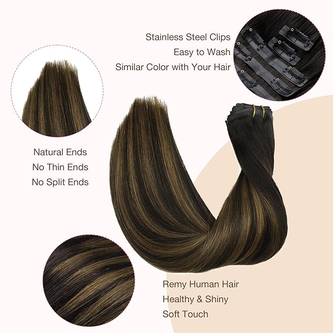 GOO GOO Clip in Hair Extensions Real Human Hair, Remy Human Hair Extensions Clip ins for Women, Natural Human Hair, 14inch 110g 7Pcs, 2/6/2 Balayage Dark Brown to Chestnut Brown