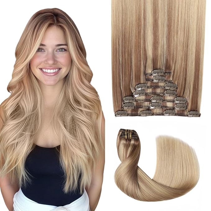 Pro2.0 Clip in Hair Extensions Real Human Hair 22inch 7pcs #10/16/16 Ash Brown to Caramel Blonde Real Hair Extensions Clip in Human Hair 120g Double Weft（#10/16/16-22inch）