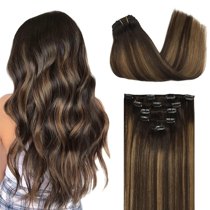 DOORES Clip in Hair Extensions, 75g 5pcs Balayage Dark Brown to Chestnut Brown 16 Inch Real Human Hair Extensions Clip in Natural Straight Hair Extensions