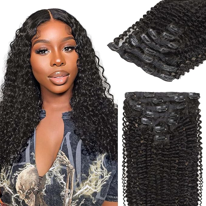 Lashey Clip in Hair Extensions Real Human Hair 7pcs 120g Kinky Curly Clip in Hair Extensions 16 Inch Remy Human Hair Natural Black