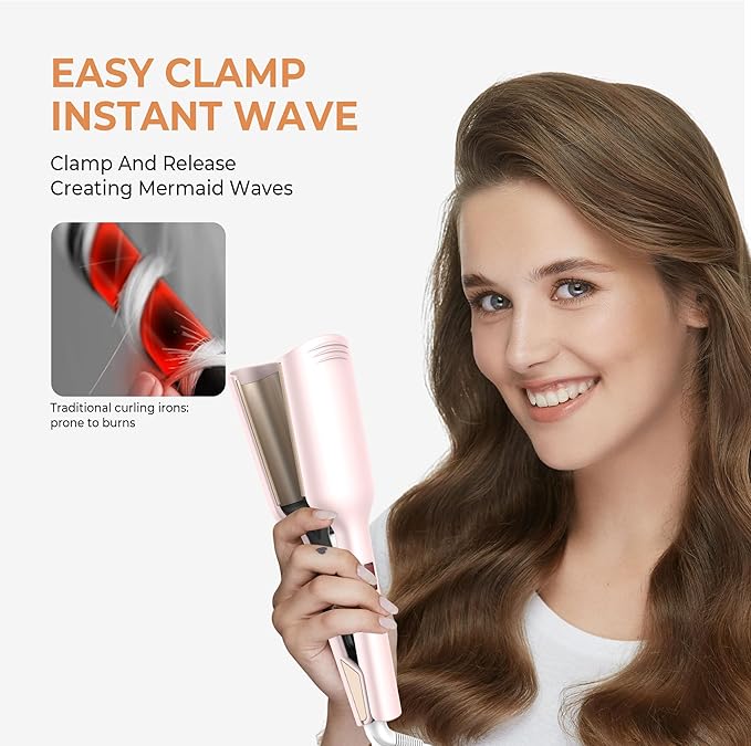 MINI Curling Iron Hair Crimper Waver, Beach Waves Curling Wand, Waver Hair Tool, Double Voltage Included UK/EU Plug, Easy to Use, Pink, 1.25 Inch