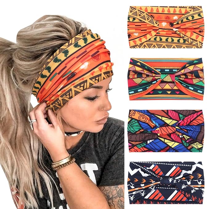 DRESHOW Wide Headbands for Women Knotted Turban Hairbands Boho Head Bands for Women's Hair Non-Slip Yoga Workout Hair Accessories 4 Pack