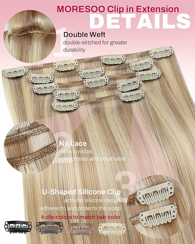 Moresoo Clip in Hair Extensions Real Human Hair Remy Human Hair Clip in Extensions Dark Ash Blonde Highlight with Golden Blonde Hair Extensions for Women 5pcs 80g 18inch