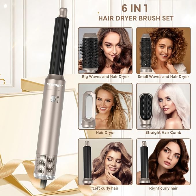 6 in 1 Hair Dryer Brush 60000RPM Blow Dryer Brush Upgrade Multi Hair Styling Tools Powerful Blow Out Auto Wrap Curlers Hot Air Brush Curling Wand Straightener Volumizer (Champagne Silver)
