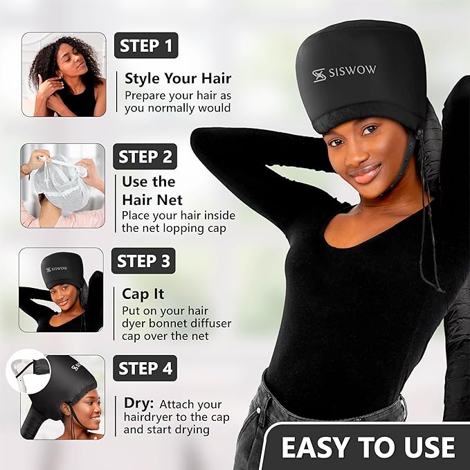 Net Plopping Cap for Drying Curly Hair - Hair Dryer Bonnet Diffuser Cap for Curly, Speeds Up Drying Time, Safety Deep Conditioning at Home - Portable, Adjustable for Natural Curly Hair Women