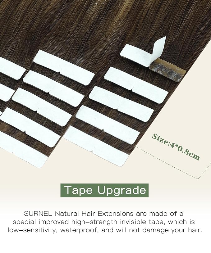 SURNEL Injected Seamless Tape in Extensions Human Hair 20Inch Chocolate Brown to Caramel Blonde Invisible Tape in Extensions 20 Pcs 45g(#4274,20)