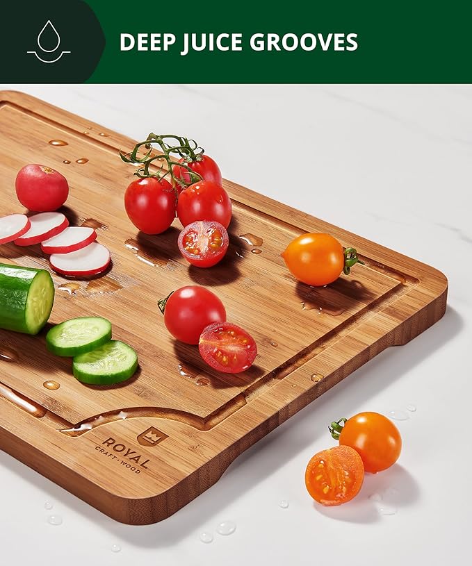 ROYAL CRAFT WOOD Wooden Cutting Boards for Kitchen Meal Prep & Serving - Bamboo Wood Serving Board Set with Deep Juice Groove Side Handles - Charcuterie & Chopping Butcher Block for Meat (3 Pcs)