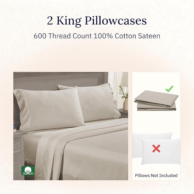 California Design Den Premium King Size Pillowcases Set of 2-600 Thread Count Sateen, Natural 100% Cotton Pillowcases King, Crisp, Durable Bedding - Soft Linen