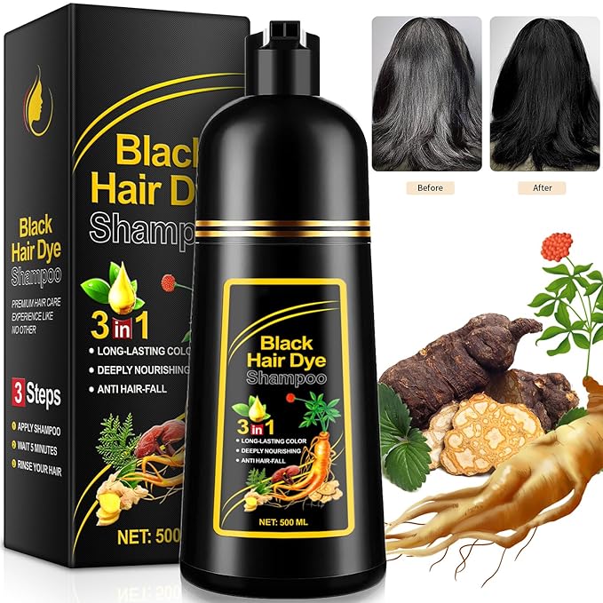 ALIVER Hair Dye Shampoo (Black) - 3-in-1 Natural Herbal Essence: Coloring, Nourishing, and Hair Growth Promoter - 500ml, Hypoallergenic and Harmless for Scalp Care