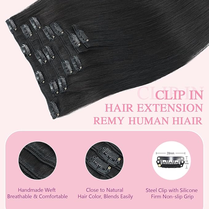 PINKPEARL Clip in Human Hair Extensions #1B Natural Black Clip in Hair Extensions Real Human Hair 22 inch Remy Hair 120g 7pcs Straight Natural Human Hair Clip ins(#1B-22)