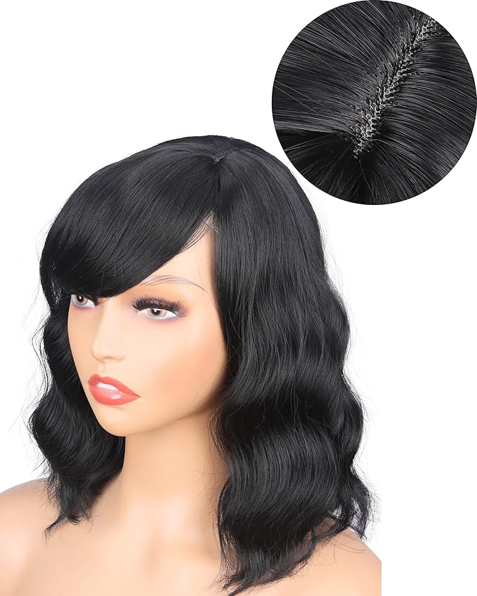Short Wavy Wigs With Bangs 14 Inch Black Wigs For Black Women Natural Looking Soft Light Synthetic Hair Replacement Wigs Heat Resistant (14 inch,black)