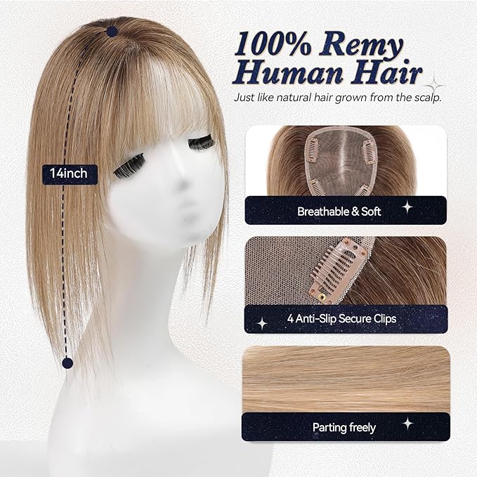 starluck Human Hair Toppers for Women with Thinning Hair, 14 Inch Real Hair Topper, Hand-moven 4.6x4 Inch SilkHug Swiss Lace Base Hairpiece, With Bangs (Ombre Light Brown)