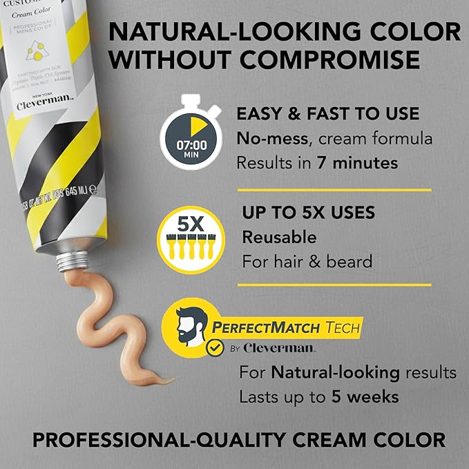Reusable Hair & Beard Dye System for Men – Up to 5 Uses | 7-Minute Natural-Looking Gray Coverage | No-Drip Cream with SkinArmour® – Cleverman (Black for Black Men)