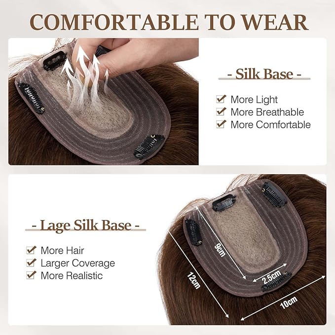 Rich Choices Hair Toppers for Women Real Human Hair 100% Human Remy Toppers NO Bangs for Women with Thinning on Top Clip in Hairpiece 4"x4.7"Lace Base 8 Inch #4 Medium Brown