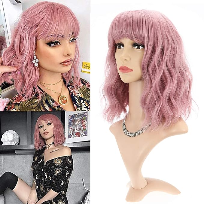 FAELBATY Short Curly Wavy Pink Wigs with Bangs Shoulder Length Synthetic Wig for Women and Girls Costume Cosplay Wigs(12" Pink)