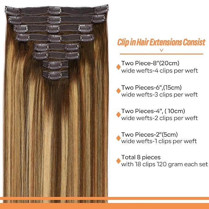 Straight Clip In Hair Extensions Real Human Hair 8Pcs Clip In Balayage Chocolate Brown to Caramel Blonde Human Hair Extensions with 18Clips Lace Weft 120g 24inch