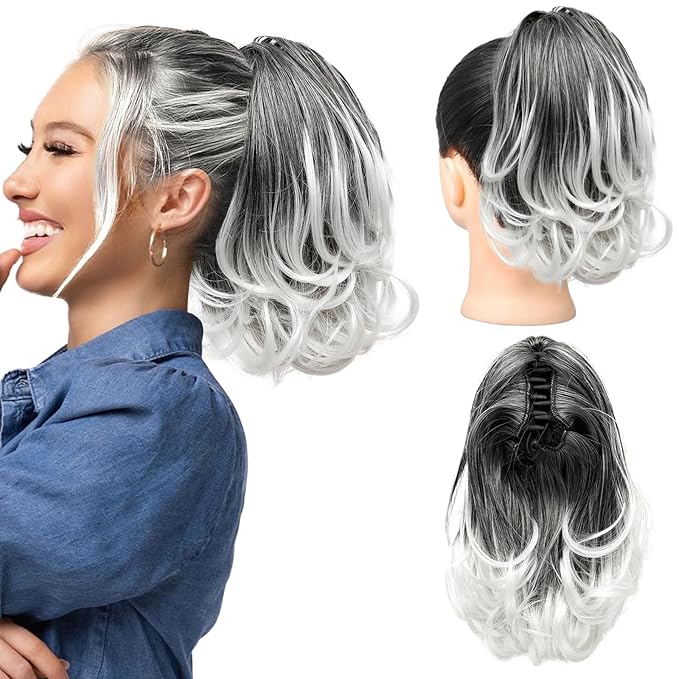 KooKaStyle Ponytail Extension, 10" Short Claw Clip in Pony Tails Hair Extensions Curly Wavy Synthetic Drawstring Hairpieces for Women(Grey Black with White ends)