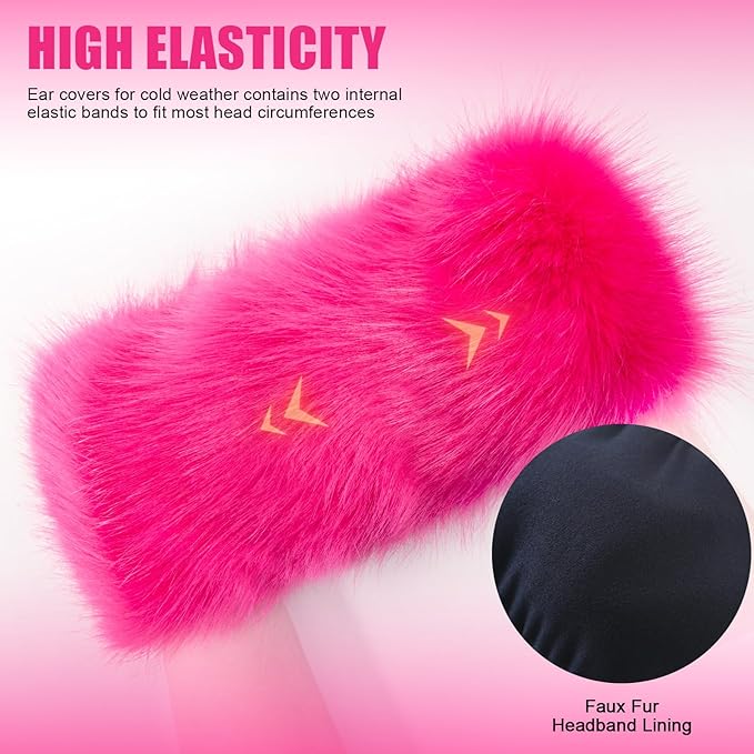 Faux Fur Headband for Women Elastic Fuzzy Thick Earmuffs Winter Headwrap Ear Muffs Furry Ear Warmers Cold Weather (Rose)
