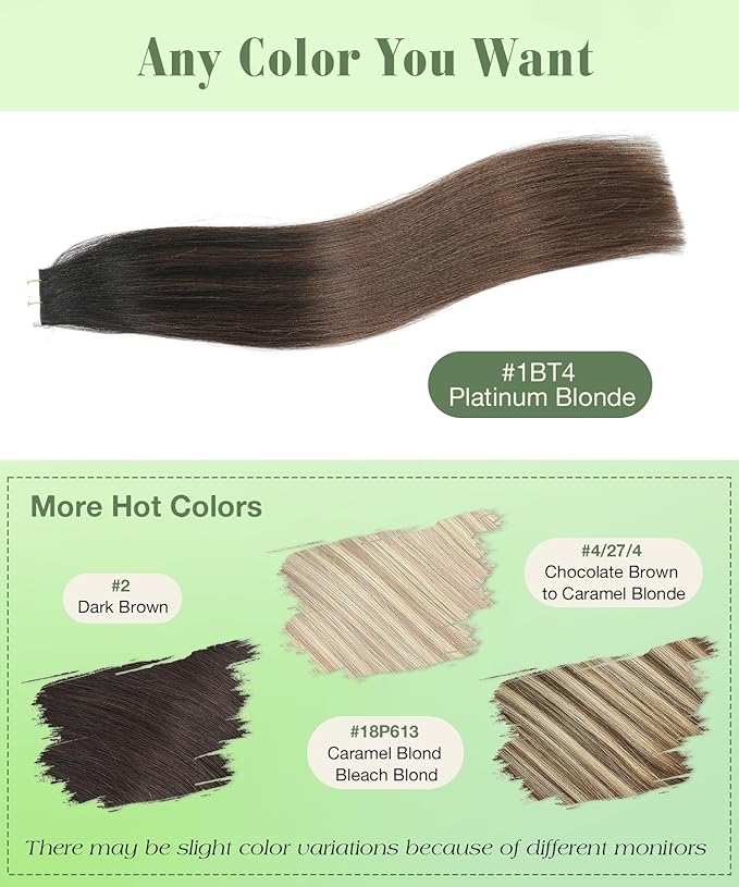 SURNEL Tape in Hair Extensions Ombre Color 1B Off Black Fading To 4 Middle Brown Real Remy Tape in Hair Extensions Human Hair 20pcs 50g 14 inch(#1BT4-14)