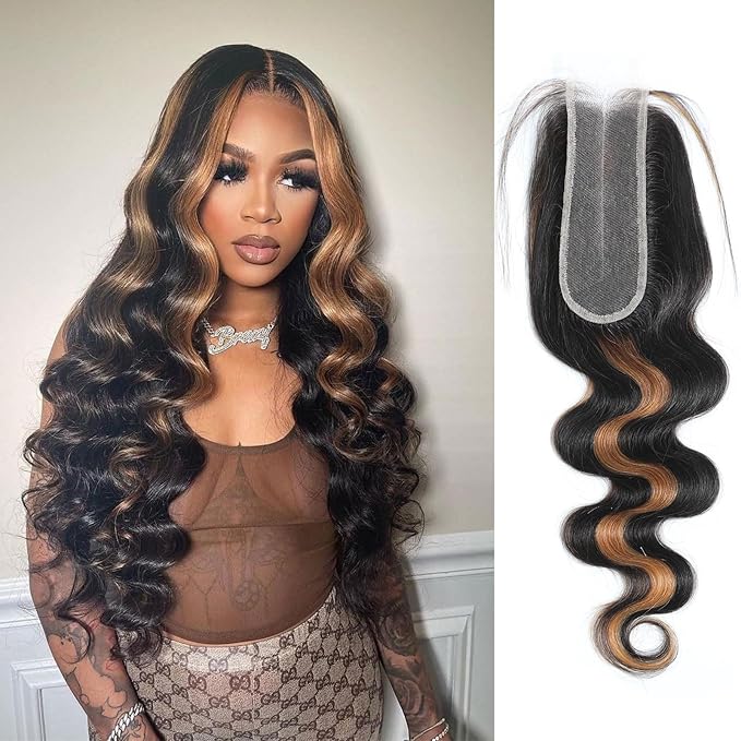 P1B/30 2x6 HD Lace Closure Body Wave Human Hair Highlight Brown Black Color Transparent Lace Closure 2x6 Long Deep Middle Part 100% Raw Virgin Human Hair 22 Inch 150% Density