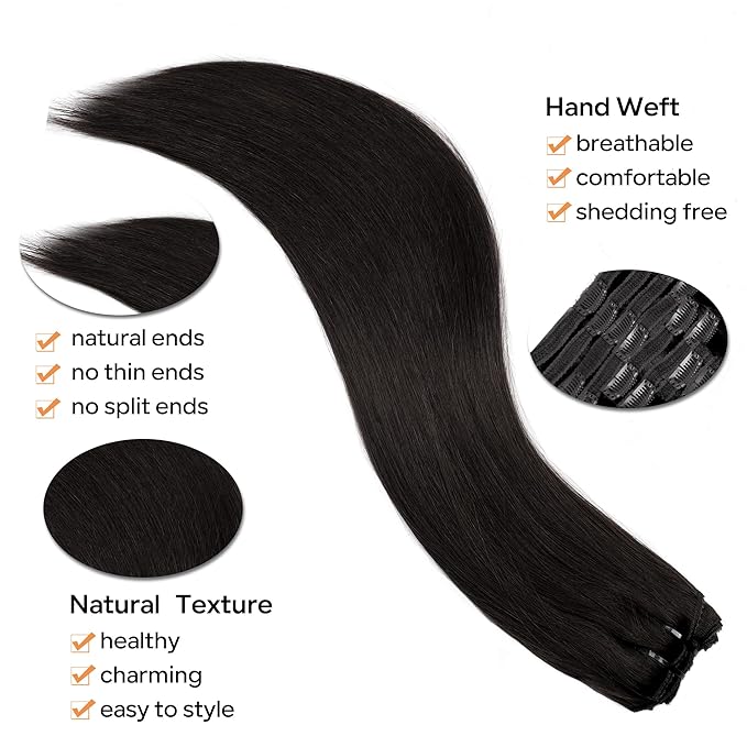 Straight Clip In Hair Extensions Real Human Hair 8Pcs Clip In Jet Black Human Hair Extensions with 18Clips Lace Weft 120g 18inch