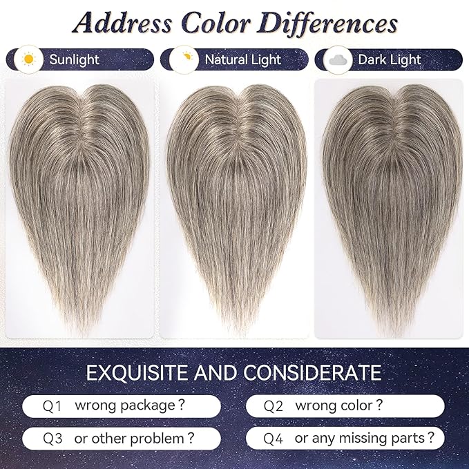starluck Real Human Hair Toppers for Women 10 Inch Human Hair Topper no Bangs, 3 * 4.5 inches Swiss Base Suitable for ThinningHair Cover Grey Roots(Mixed Light Grey)