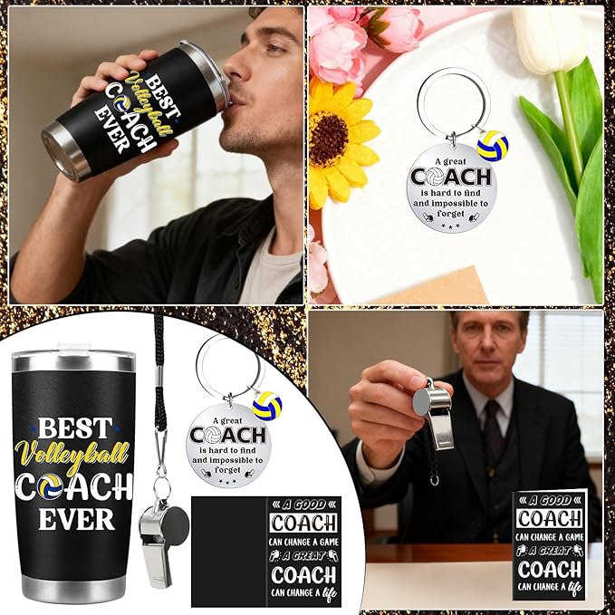 Keluna Volleyball Coach Gifts for Men - Volleyball Coach Appreciation Thank You Team Player Sports Lover Gift for Men Brother Husband Teacher Colleague Tumbler Cup Keychain Whistle Greeting Cards