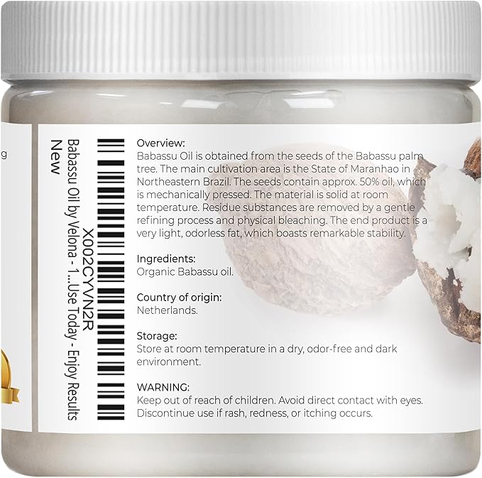 velona Babassu Oil USDA Certified Organic - 16 Fl Oz | 100% Pure and Natural Carrier Oil | Refined, Cold Pressed | Face, Hair, Body & Skin Care and Cooking | Use Today - Enjoy Results