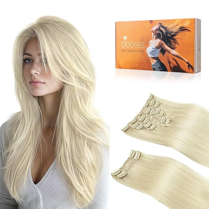 DOORES Clip in Human Hair Extensions, Platinum Blonde 150g 9pcs 22 Inch, Remy Hair Extensions Clip in Straight Extensions Human Hair Natural Thick Hair Extensions Silky Hair