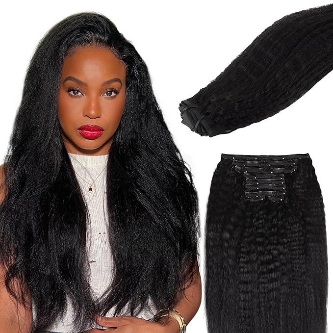 Lashey Seamless Clip in Hair Extensions Human Hair 130g 9pcs #1 Jet Black 16 Inch Kinky Straight Clip in Hair Extensions Real Human Hair with Flat PU Invisi Edge Full Pack