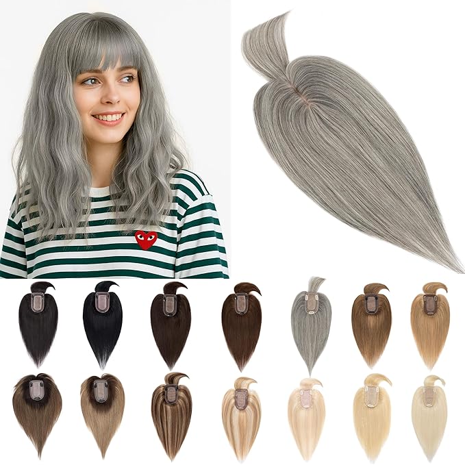 SEGO Grey Hair Toppers for Women Real Human Hair With Bangs, Salt and Pepper Hair Topper, 7 * 13 CM Silk Base Clip In Top Pieces Add Volume -12 Inch G3 Light Grey Mix