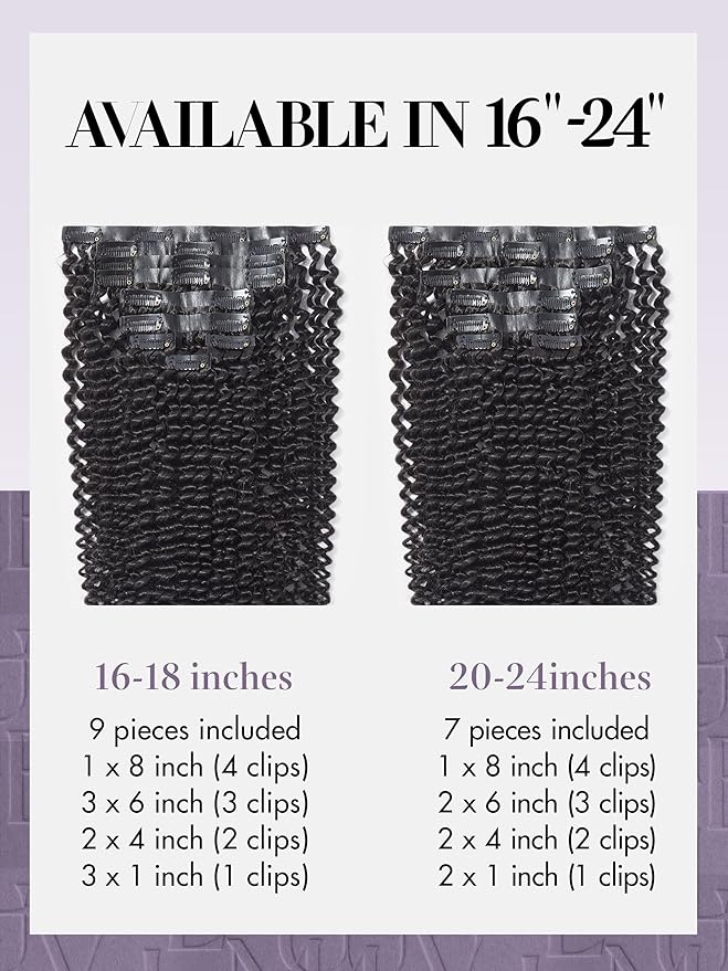 LUVME Seamless Clip in Hair Extensions Human Hair Kinky Curly 135g 7pcs 20 Inch Clip in Hair Extensions with Soft Invisible PU Weft Natural Black Hair for Women