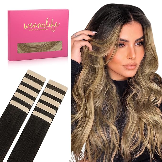 WENNALIFE Tape in Hair Extensions Human Hair Dark Brown to Chestnut Brown and Dirty Blonde Highlighted Tape in Extensions, 10pcs 30g 20 inch Remy Invisible Tape Ins Straight Colored Soft Refill Set