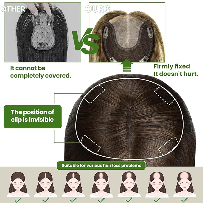 Hair Toppers for Women Real Human Hair 6x7 inch Larger Silk Base 150 Density 55 grams 12inch Balayage Color Chocolate Brown To Caramel Blonde Hair Pieces Add Volume（#4274 12inch）
