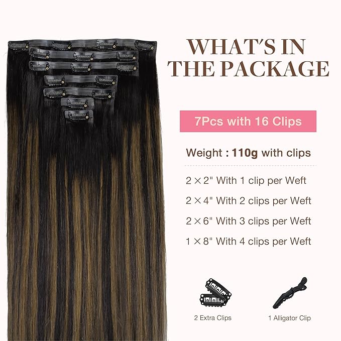 GOO GOO Clip in Hair Extensions Real Human Hair, Remy Human Hair Extensions Clip ins for Women, Natural Human Hair, 24inch 120g 7Pcs, 1B/6/1B Balayage Natural Black to Chestnut Brown