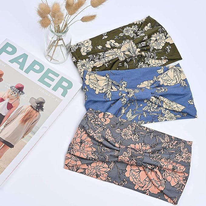 Yeshan Boho Bandeau headbands for Women Wide Bandana Knot Hair Scarf Floral Printed African Hair Bands Elastic Turban Thick Head Wraps Stretch Cotton Head Bands,Pack of 6