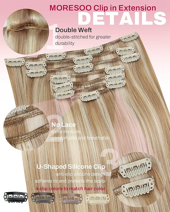 Moresoo Clip in Hair Extensions Real Human Hair Blonde with Brown Highlights Clip ins Human Hair Platinum Blonde with Medium Brown for Long And Straight 120g/7cps 22 inch