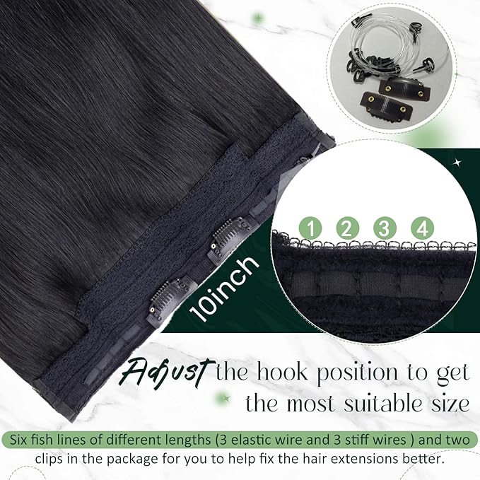 RUNATURE Short Wire Hair Extensions Real Human Hair Invisible Wire Hair Extensions Black One Piece 12 Inch 70g Seamless Fish Line Hairpiece #1 Jet Black