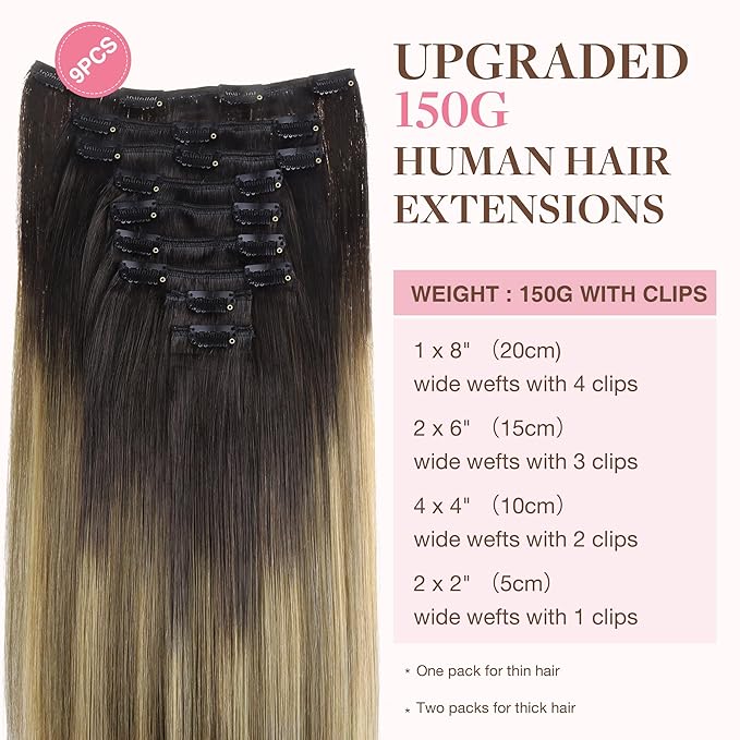 GOO GOO Clip in Hair Extensions Real Human Hair, Remy Human Hair Extensions Clip ins for Women, Natural Human Hair, 14inch 150g 9Pcs, 2/6/18 Balayage Brown to Dirty Blonde