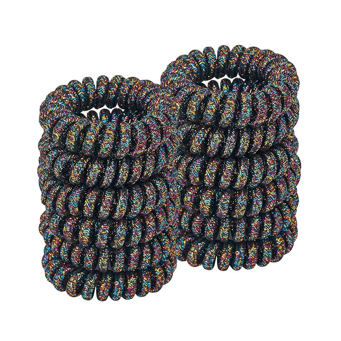 Spiral Hair Tie(Glitter Black Colorful,12 Pcs), Coil Hair Ties for Thick Hair, Ponytail Holder Hair Ties for Women, No Crease Hair Ties, Phone Cord Hair Ties for all Hair Types with Plastic Spiral