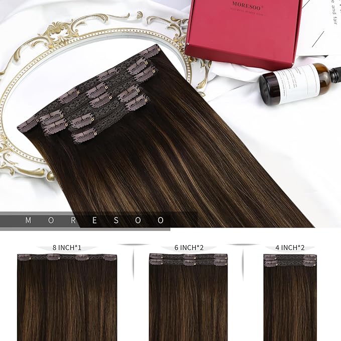 Moresoo Clip in Hair Extensions Remy Double Weft Human Hair Clip in Extensions Balayage Straight Hair Extensions for Women Ombre Dark Brown with Chestnut Brown 5pcs 80g 12inch