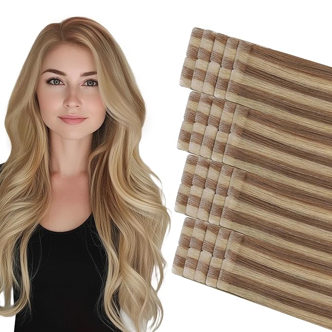 COOKAYU Invisible Tape in Hair, Gold Brown to Caramel Blonde 20pcs/pack 18Inch 40g Seamless Tape in Extensions Real Human Hair Injected Invisi Edge Extensions