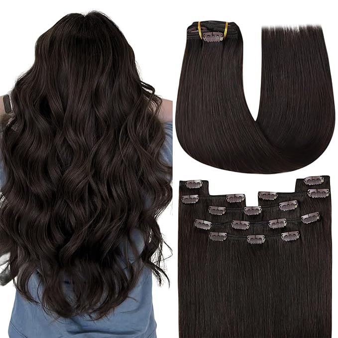 YoungSee 135G Brown Hair Extensions Clip ins Darkest Brown Clip in Hair Extensions Real Human Hair Thick Hair Clip in Extensions 16Inch 7Pcs